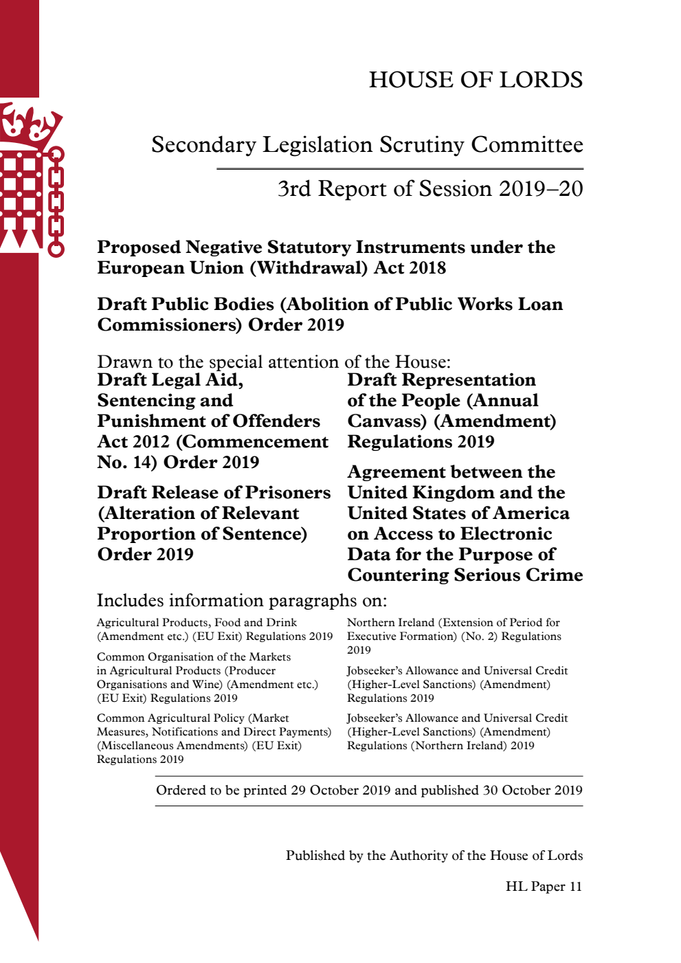Secondary Legislation Scrutiny Committee 3rd Report of Session 2019