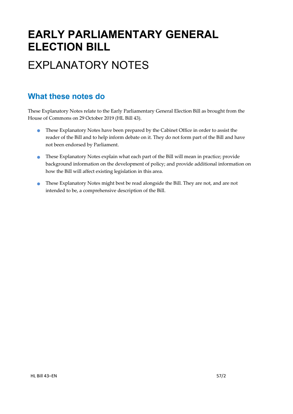 Early Parliamentary General Election Bill Explanatory Notes