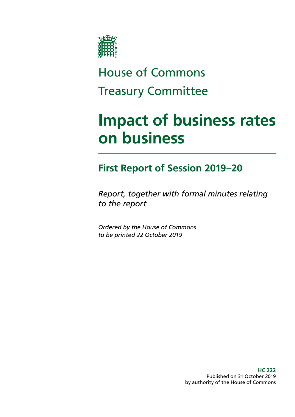 Treasury Committee 1st Report. Impact of business rates on business Volume 1. Report