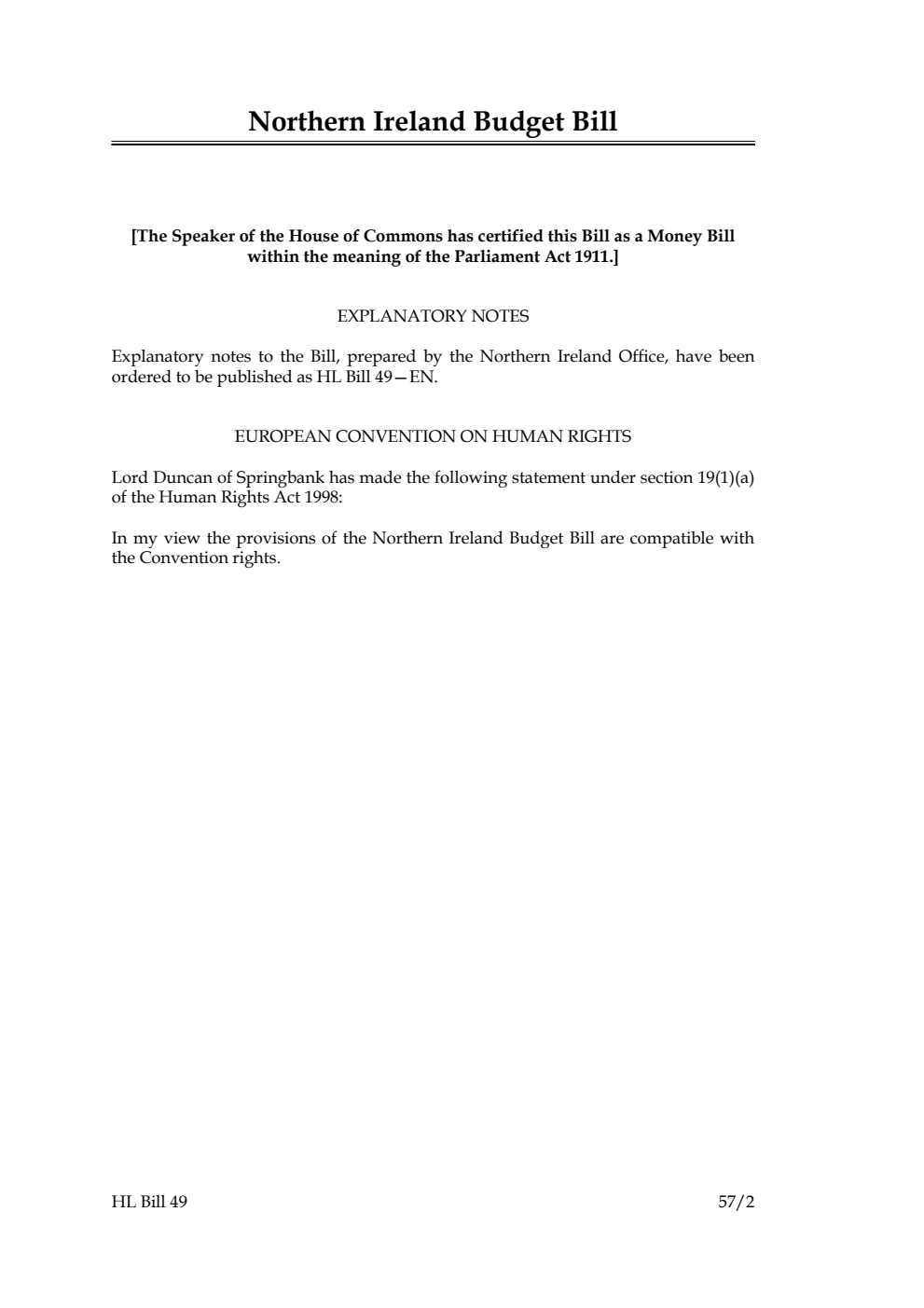 Northern Ireland Budget Bill