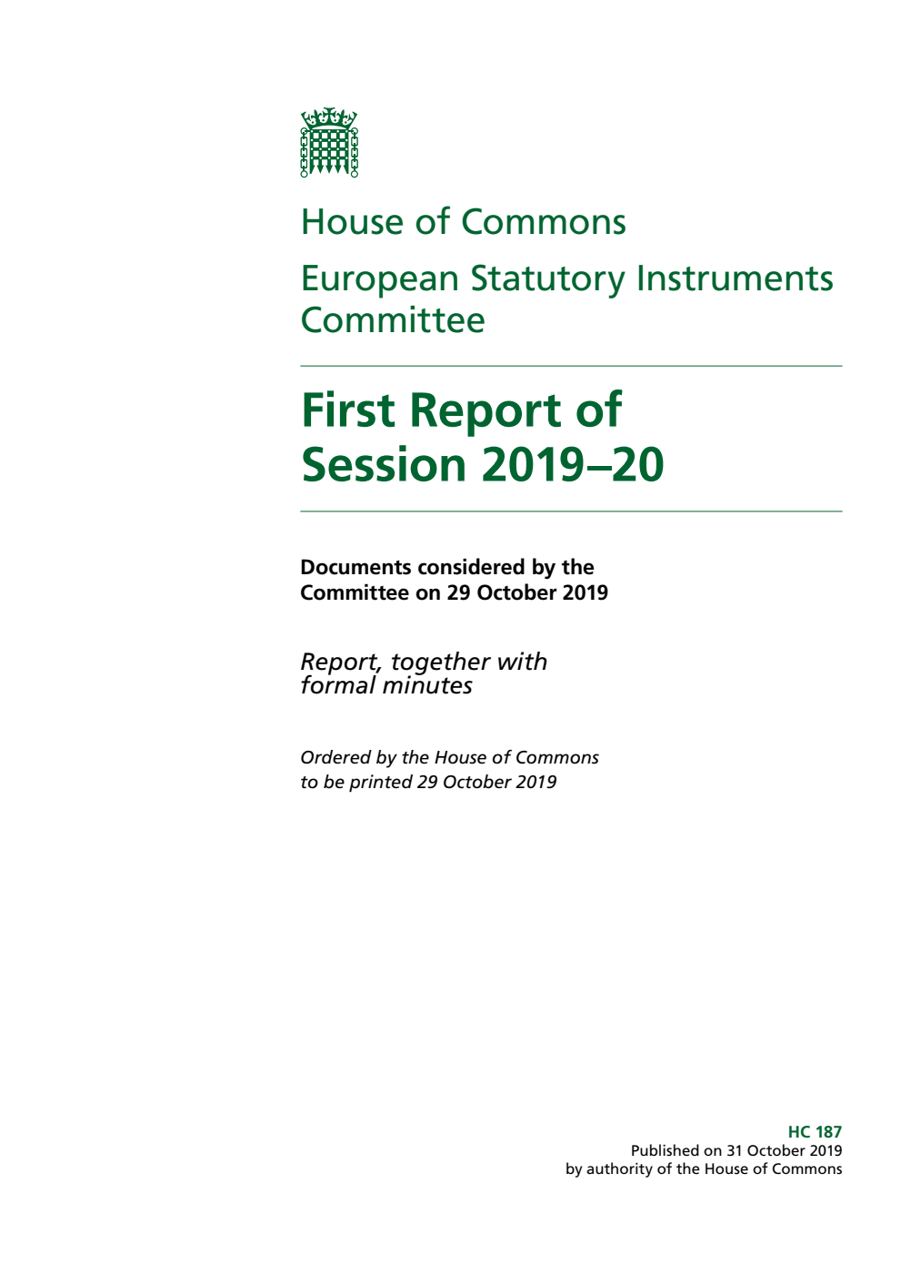 European Statutory Instruments Committee 1st Report of Session 2019
