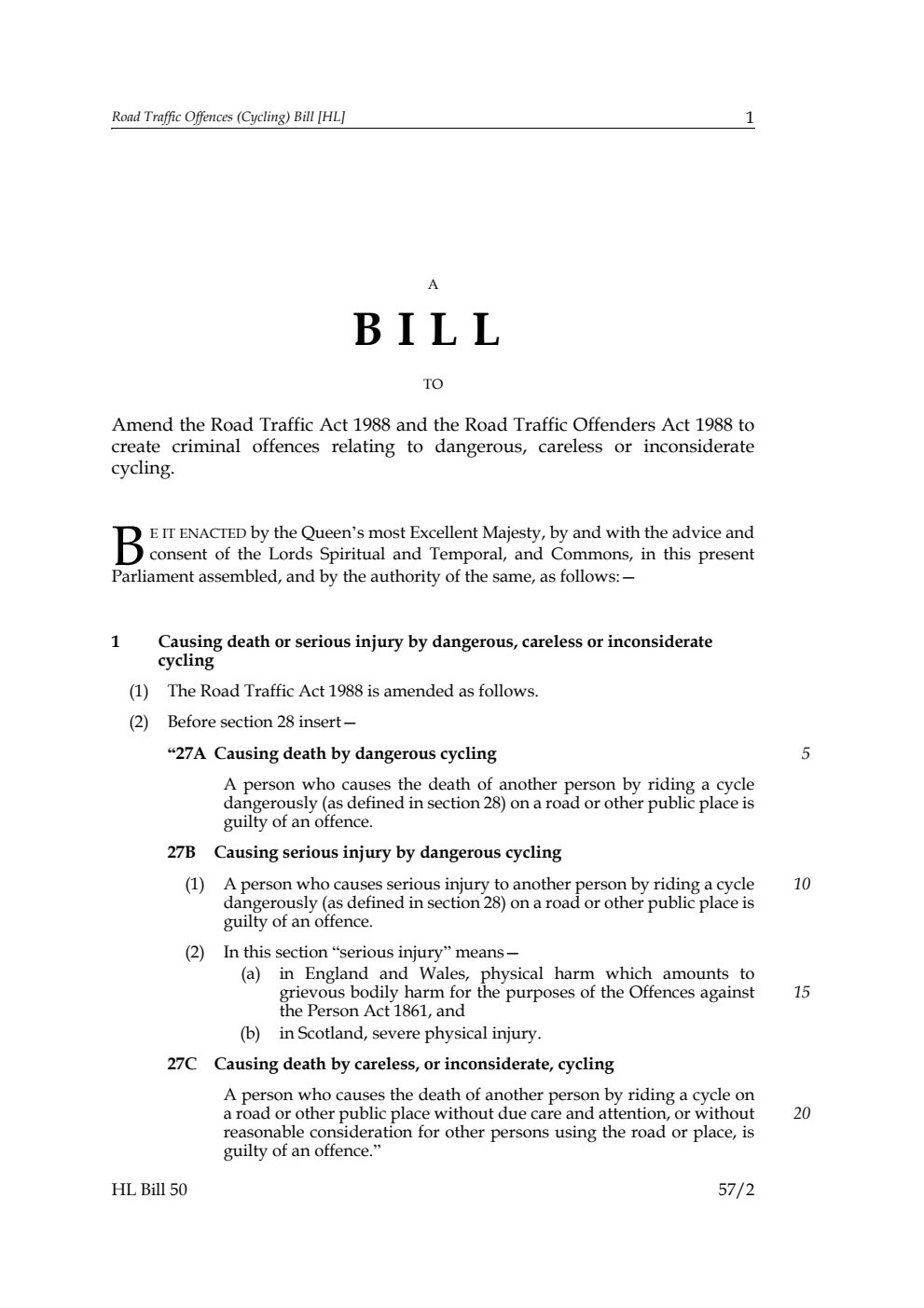 Road Traffic Offences (Cycling) Bill
