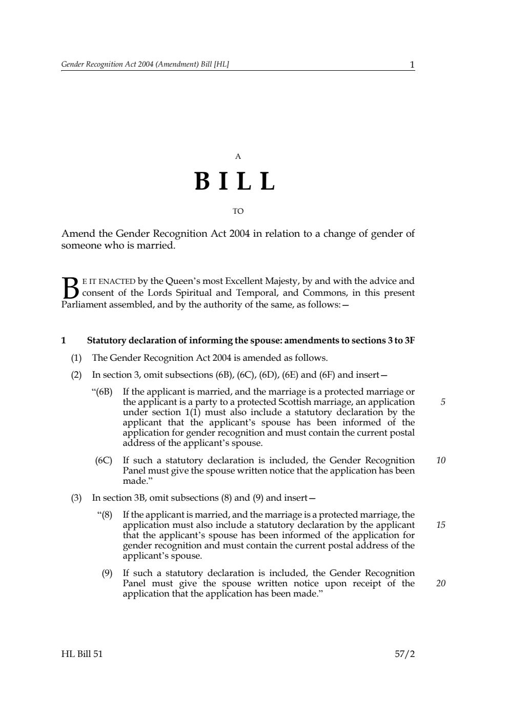 Gender Recognition Act 2004 (Amendment) Bill