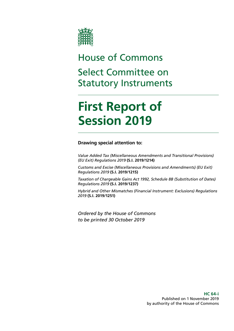 Statutory Instruments Committee 1st Report of Session 2019