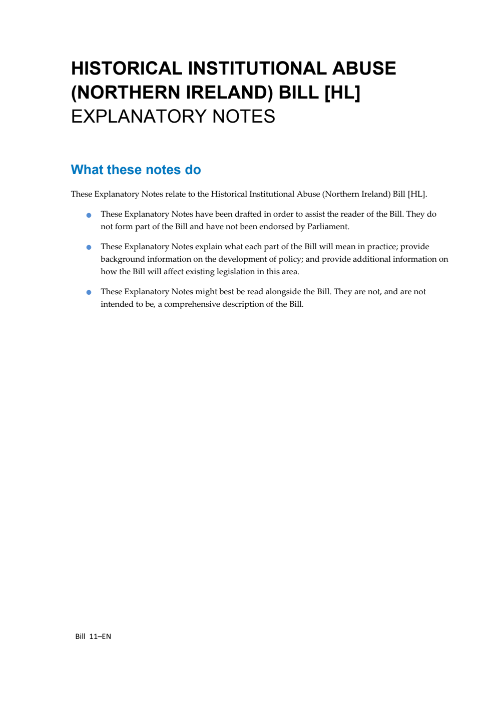 Historical Institutional Abuse (Northern Ireland) Bill Explanatory Notes
