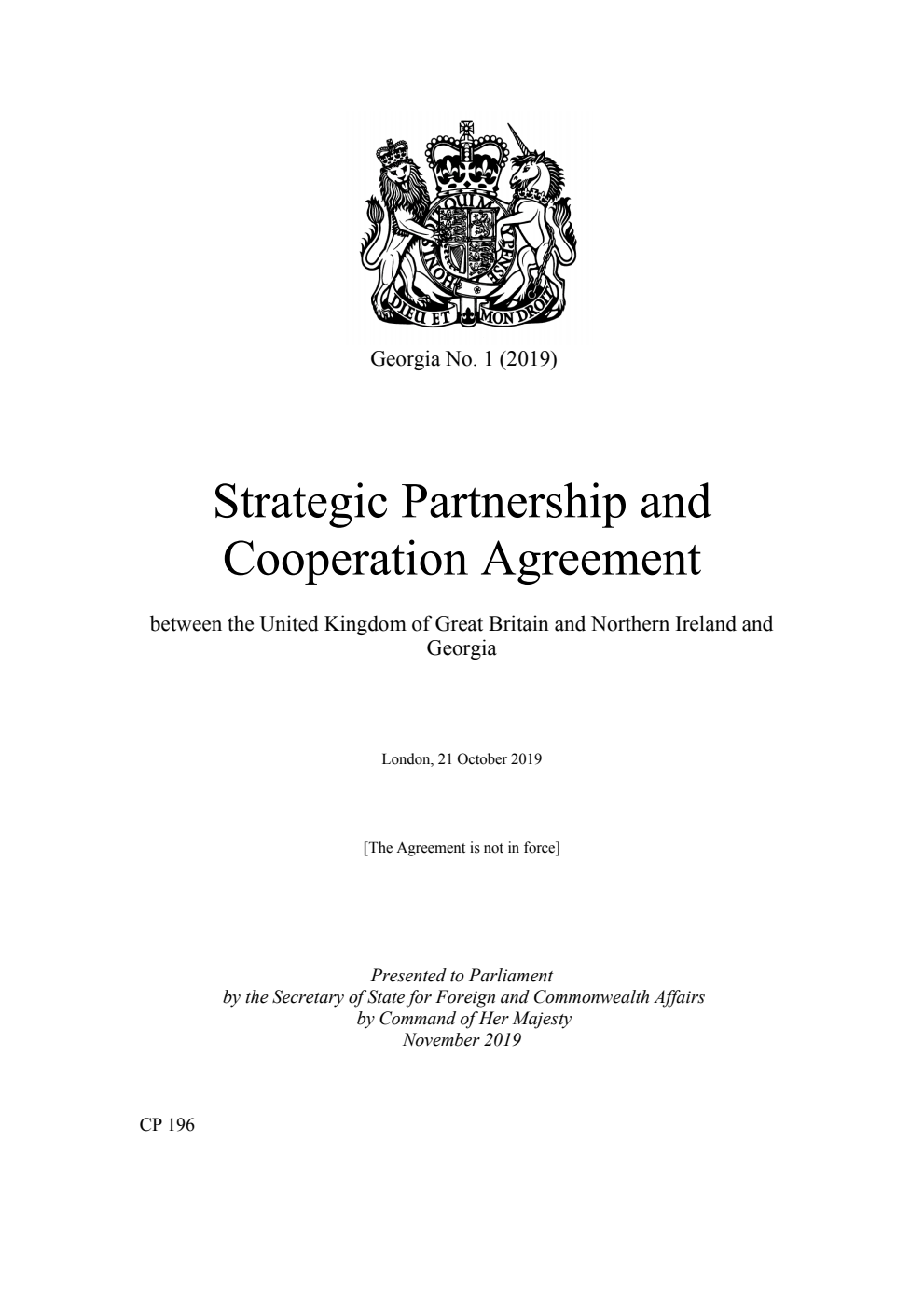 Georgia No. 1 (2019) Strategic Partnership and Cooperation Agreement between the United Kingdom of Great Britain and Northern Ireland and Georgia. London, 21 October 2019