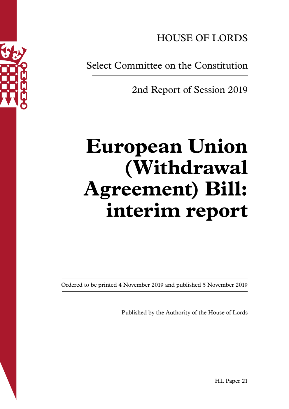 Constitution Committee 2nd Report. European Union (Withdrawal Agreement) Bill: interim report