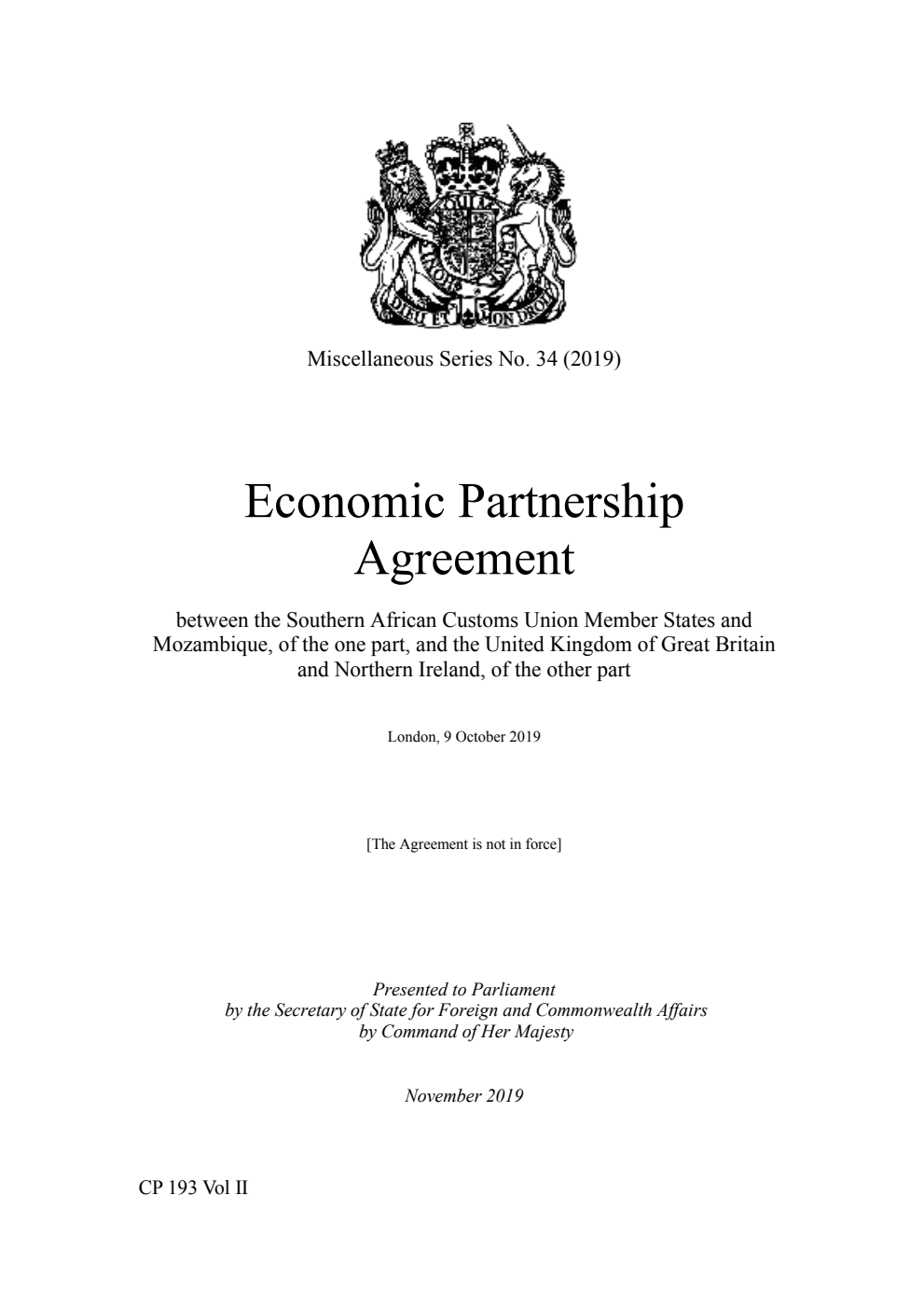 Miscellaneous Series No. 34 (2019) Economic Partnership Agreement between the Southern African Customs Union Member States and Mozambique, of the one part, and the United Kingdom of Great Britain and Northern Ireland, of the other part. London, 9 October 2019 - Part II