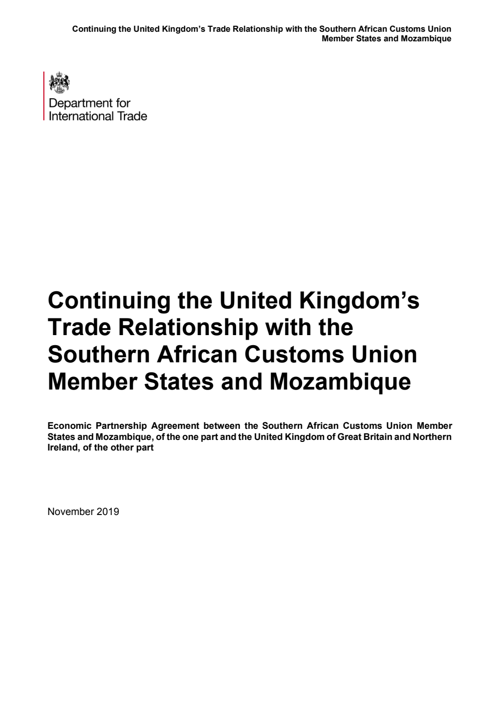 Continuing the United Kingdom’s Trade Relationship with the Southern African Customs Union Member States and Mozambique