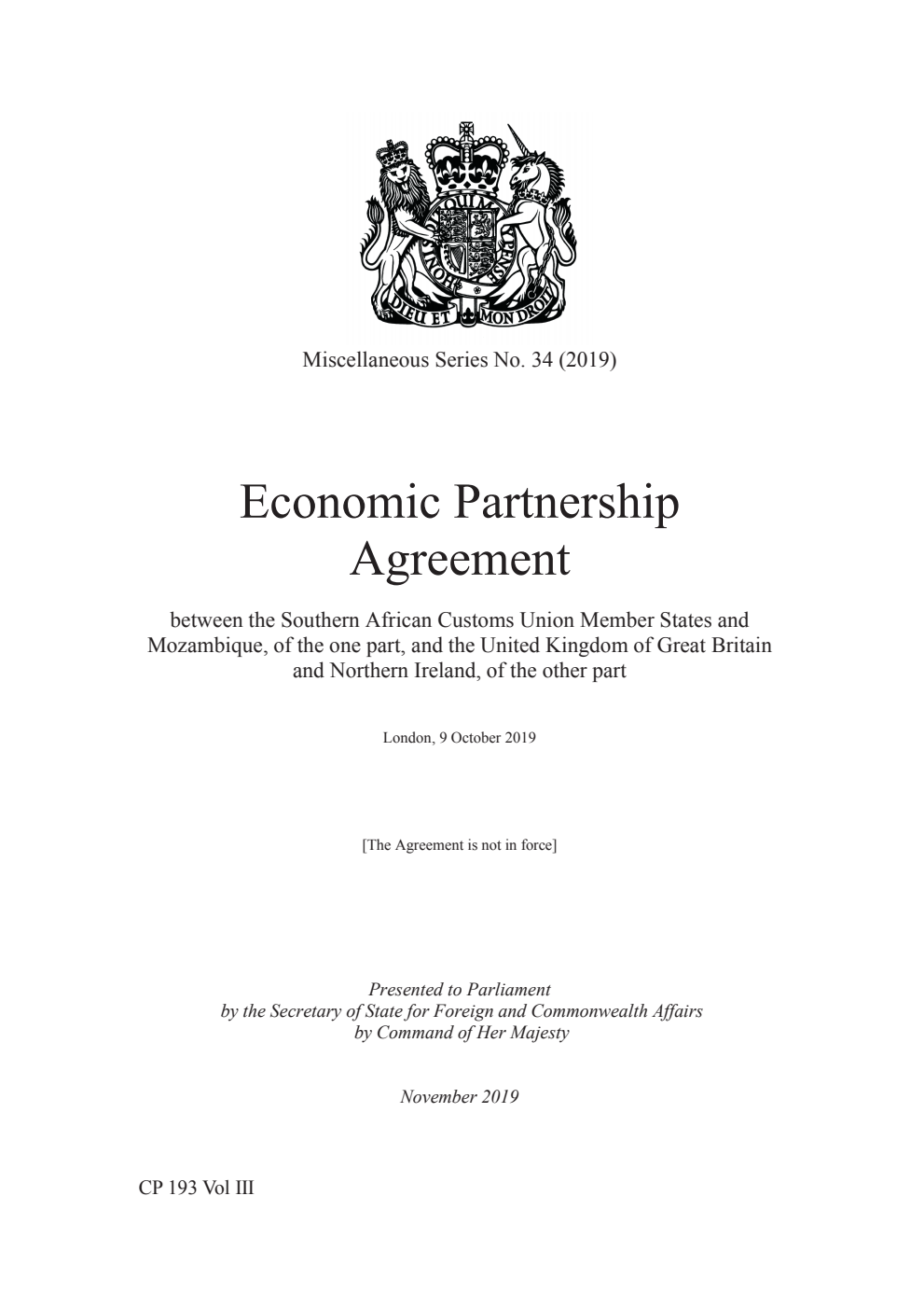 Miscellaneous Series No. 34 (2019) Economic Partnership Agreement between the Southern African Customs Union Member States and Mozambique, of the one part, and the United Kingdom of Great Britain and Northern Ireland, of the other part. London, 9 October 2019 - Part III