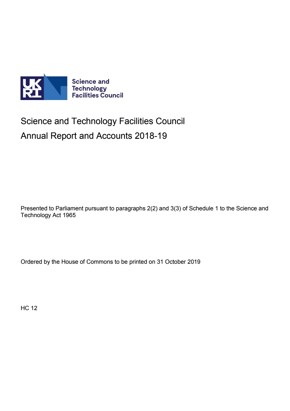 Science and Technology Facilities Council Annual Report and Accounts 2018-19