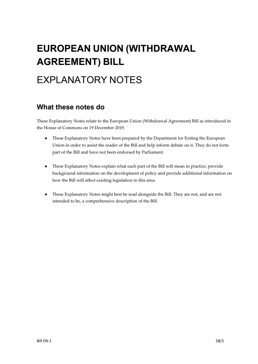 European Union (Withdrawal Agreement) Bill Explanatory Notes
