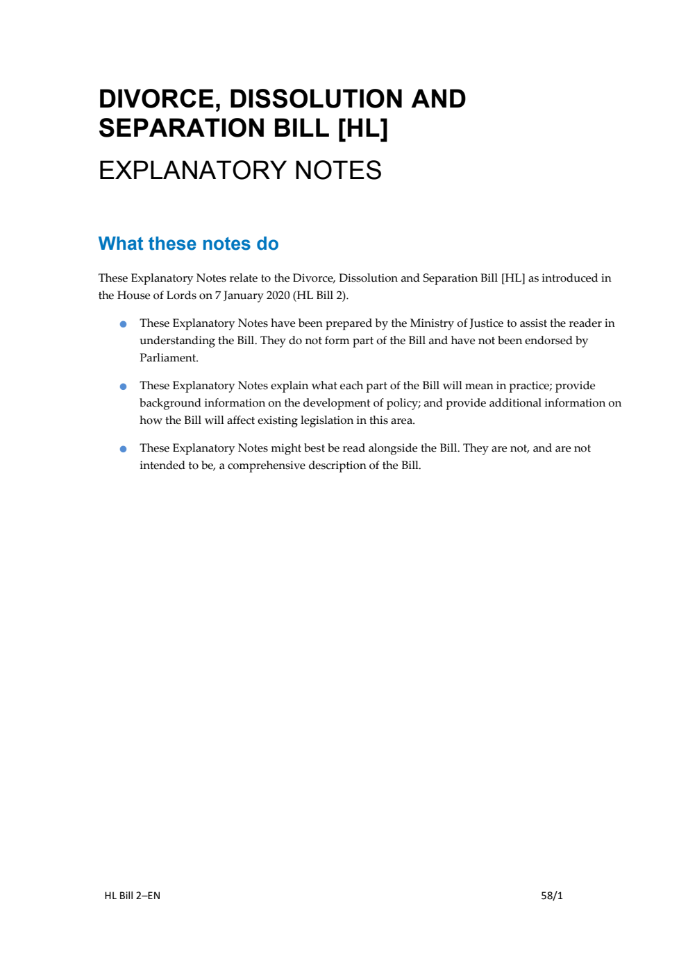 Divorce, Dissolution and Separation Bill Explanatory Notes