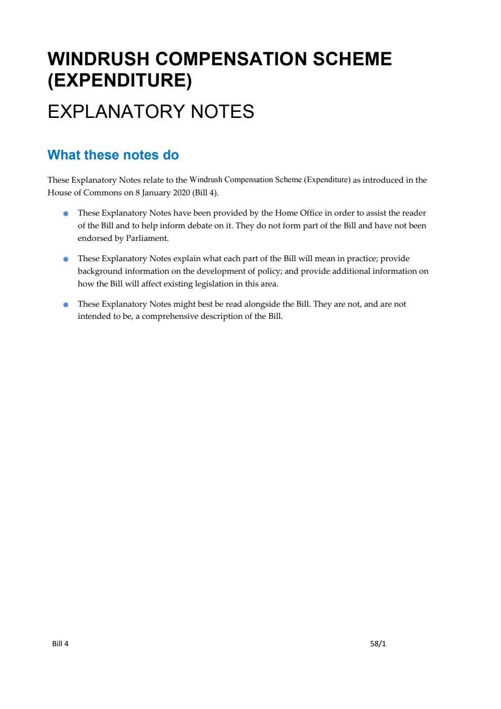 Windrush Compensation Scheme (Expenditure) Bill Explanatory Notes