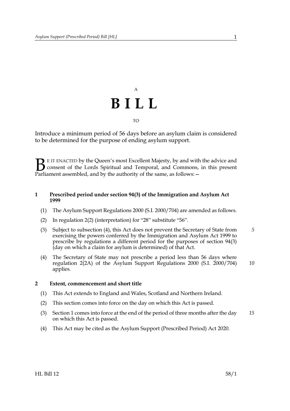 Asylum Support (Prescribed Period) Bill