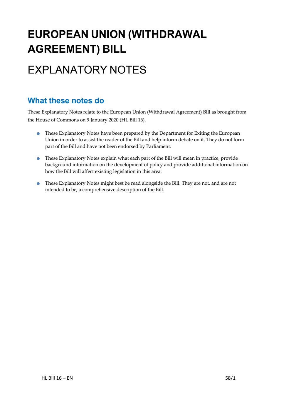 European Union (Withdrawal Agreement) Bill Explanatory Notes