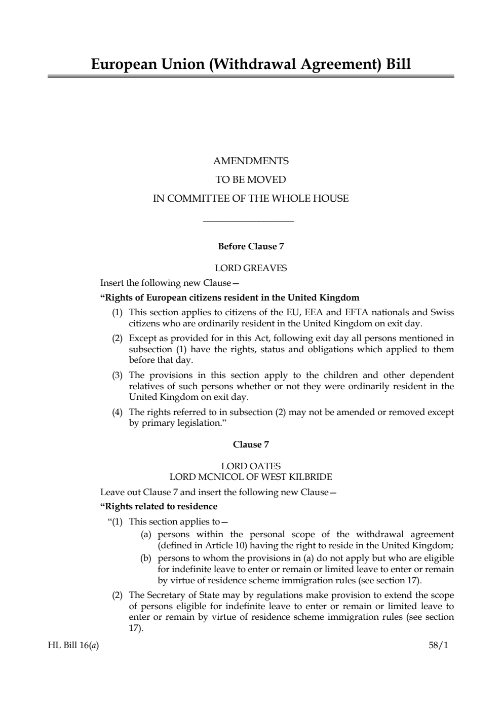 European Union (Withdrawal Agreement) Bill Amendments to be moved in Committee of the Whole House