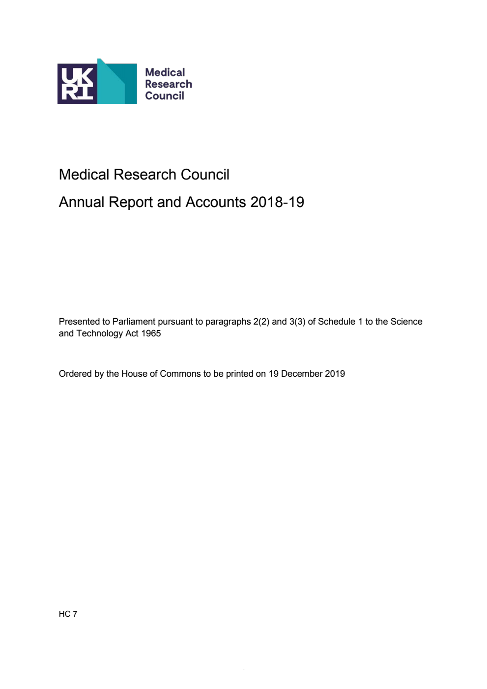 Medical Research Council Annual Report and Accounts 2018-19