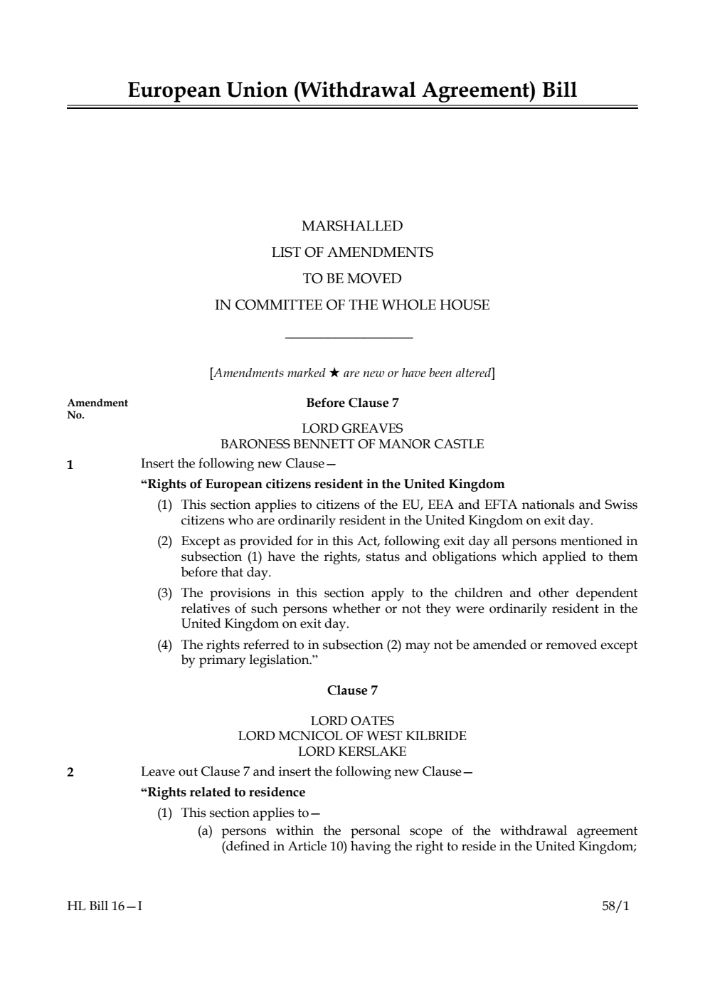 European Union (Withdrawal Agreement) Bill Marshalled List of Amendments to be moved in Committee of the Whole House