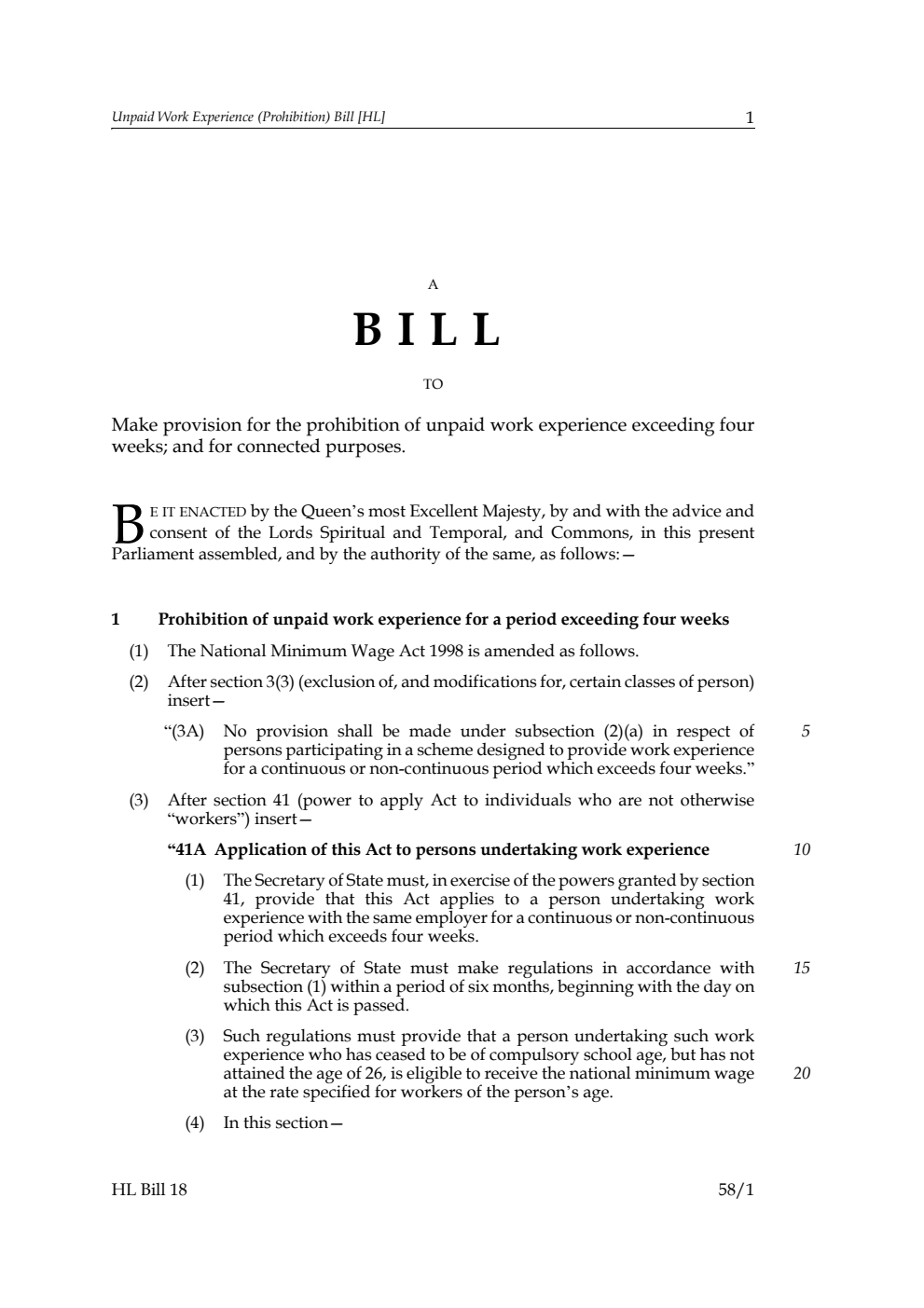 Unpaid Work Experience (Prohibition) Bill