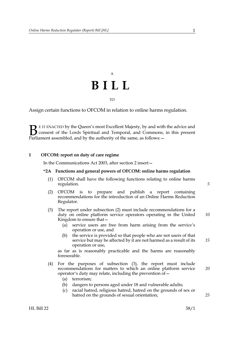 Online Harms Reduction Regulator (Report) Bill