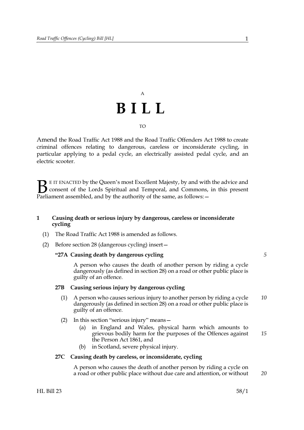 Road Traffic Offences (Cycling) Bill