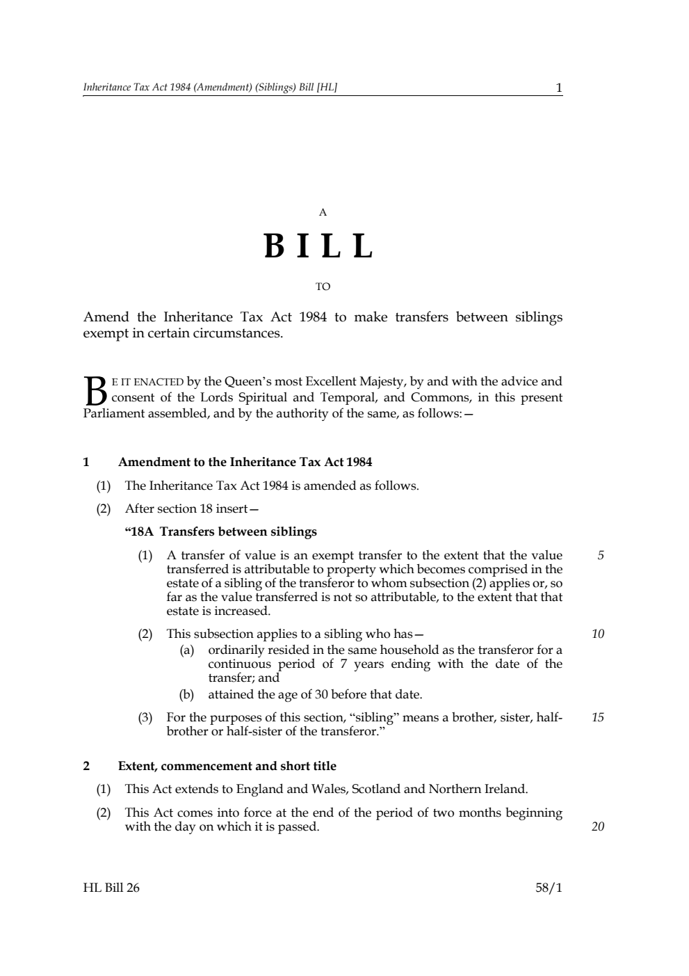 Inheritance Tax Act 1984 (Amendment) (Siblings) Bill