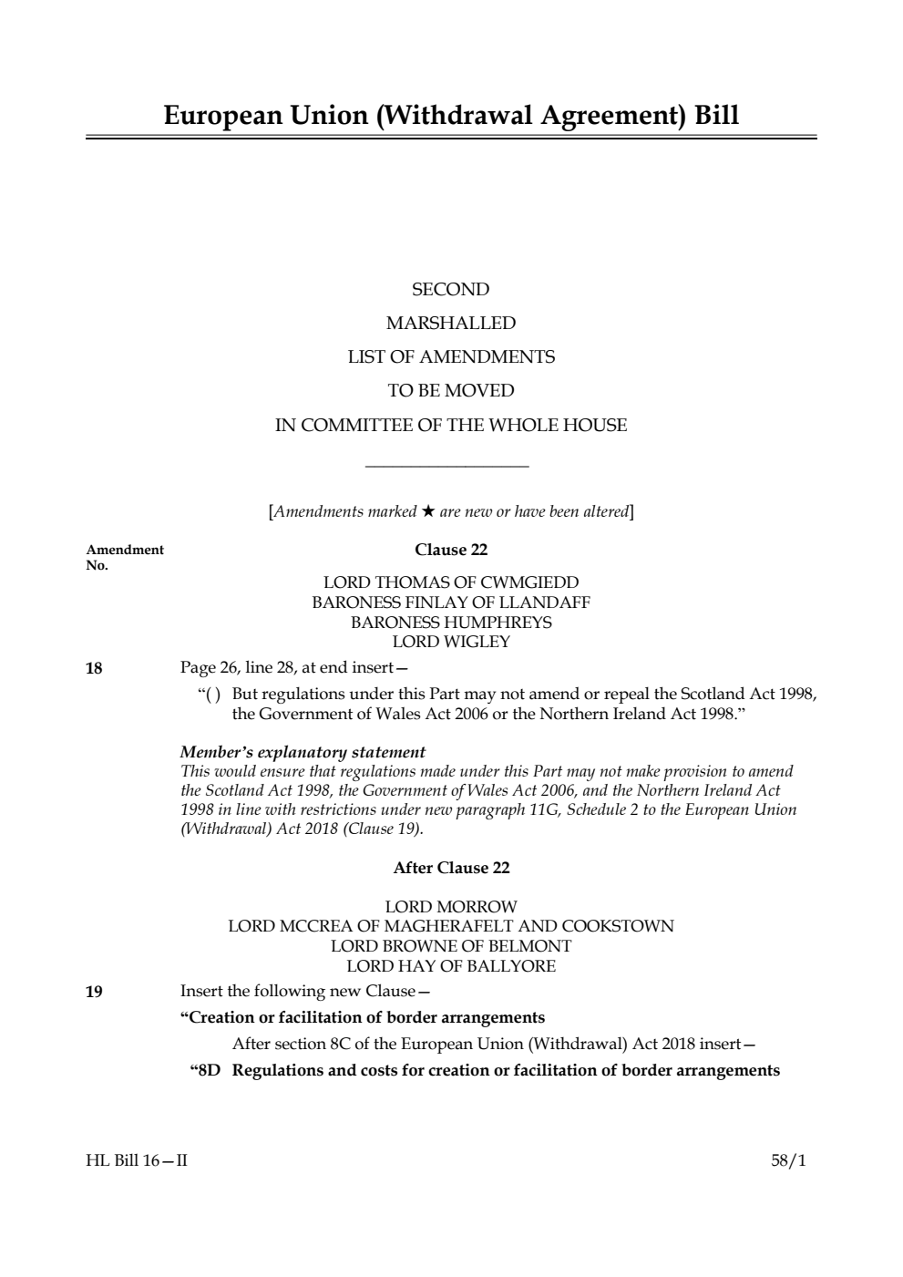 European Union (Withdrawal Agreement) Bill Second Marshalled List of Amendments to be moved in Committee of the Whole House