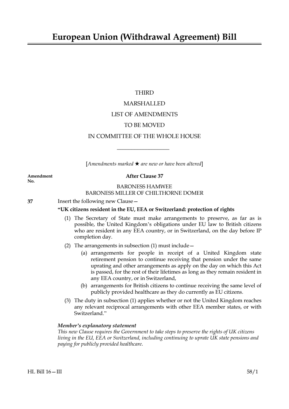 European Union (Withdrawal Agreement) Bill Third Marshalled List of Amendments to be moved in Committee of the Whole House