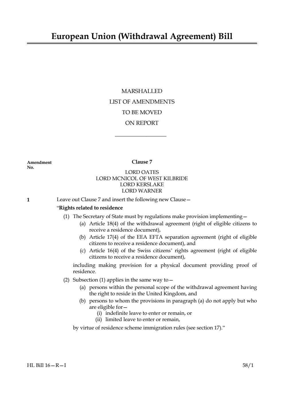 European Union (Withdrawal Agreement) Bill Marshalled List of amendments to be moved on report