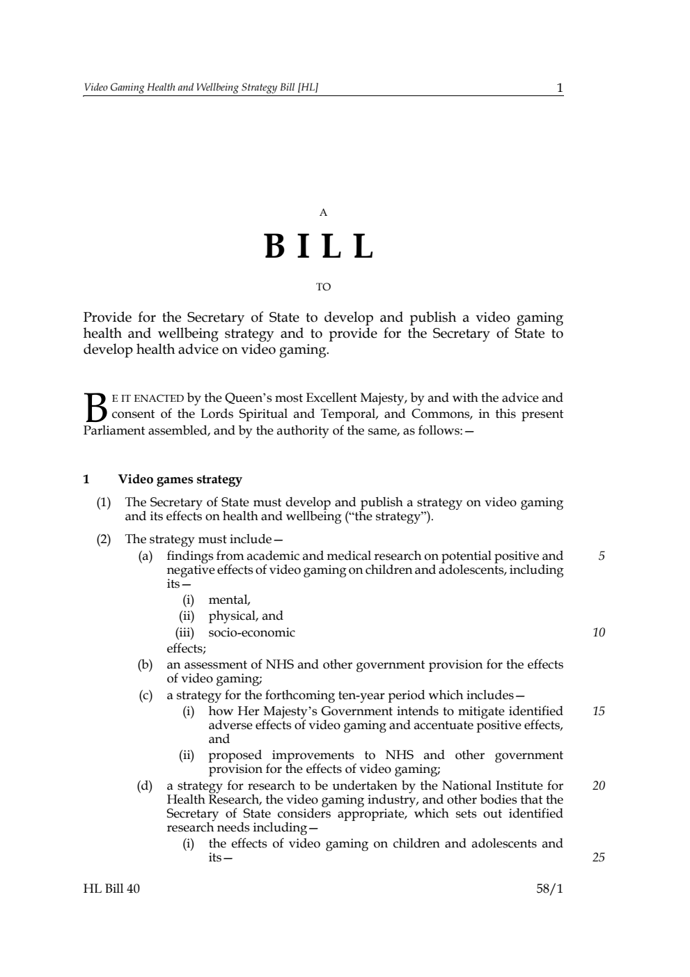 Video Gaming Health and Wellbeing Strategy Bill