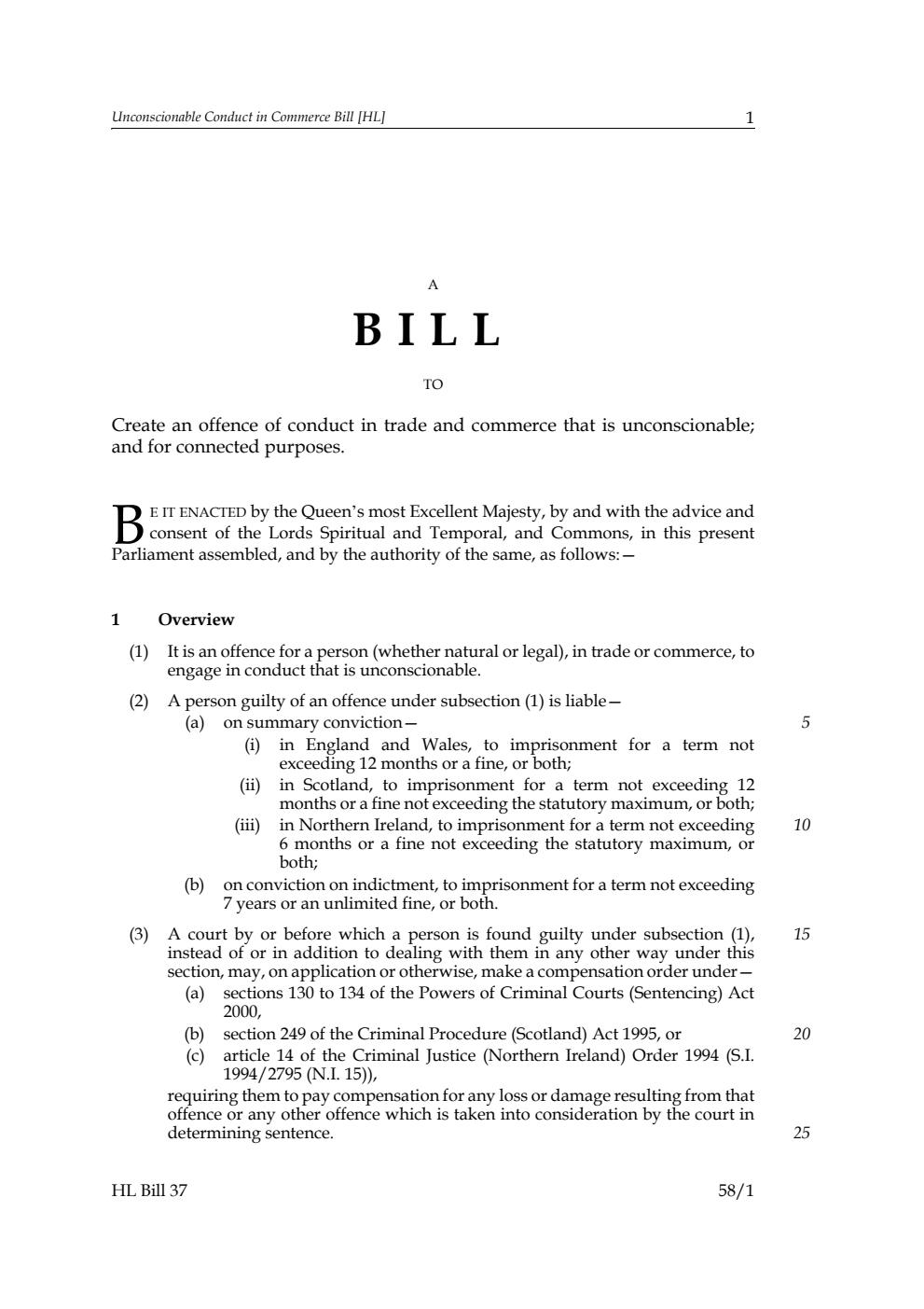 Unconscionable Conduct in Commerce Bill