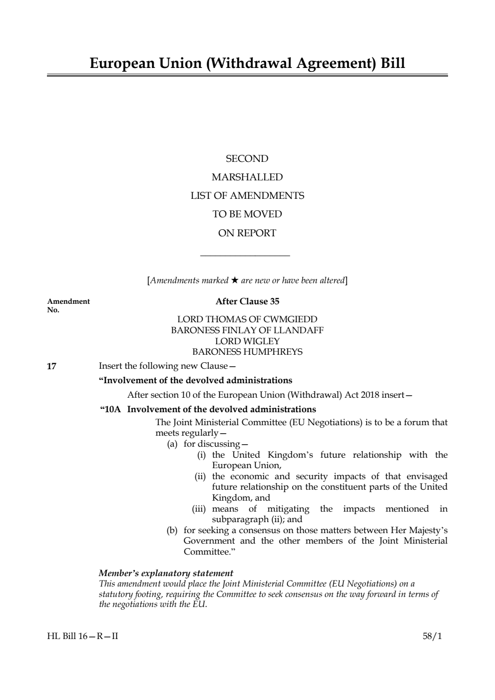 European Union (Withdrawal Agreement) Bill Second Marshalled List of amendments to be moved on report