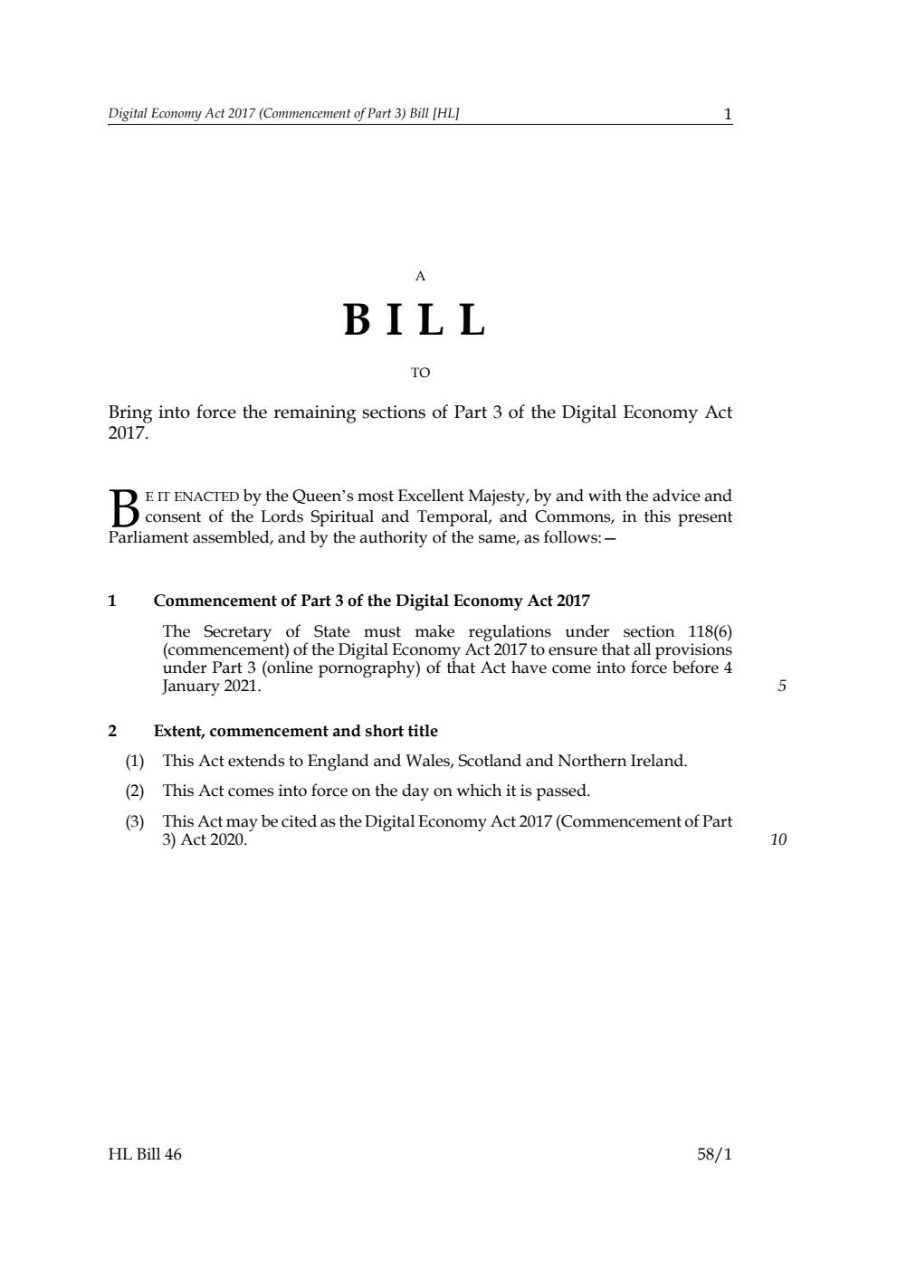 Digital Economy Act 2017 (Commencement of Part 3) Bill