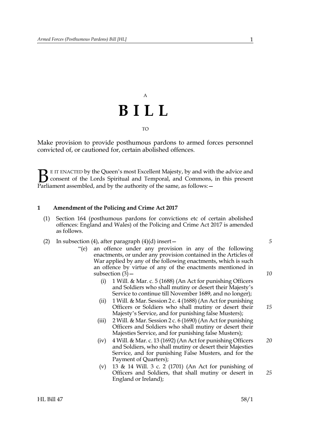 Armed Forces (Posthumous Pardons) Bill