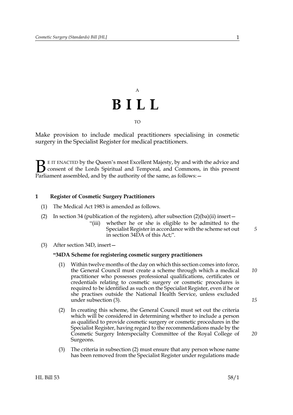 Cosmetic Surgery (Standards) Bill