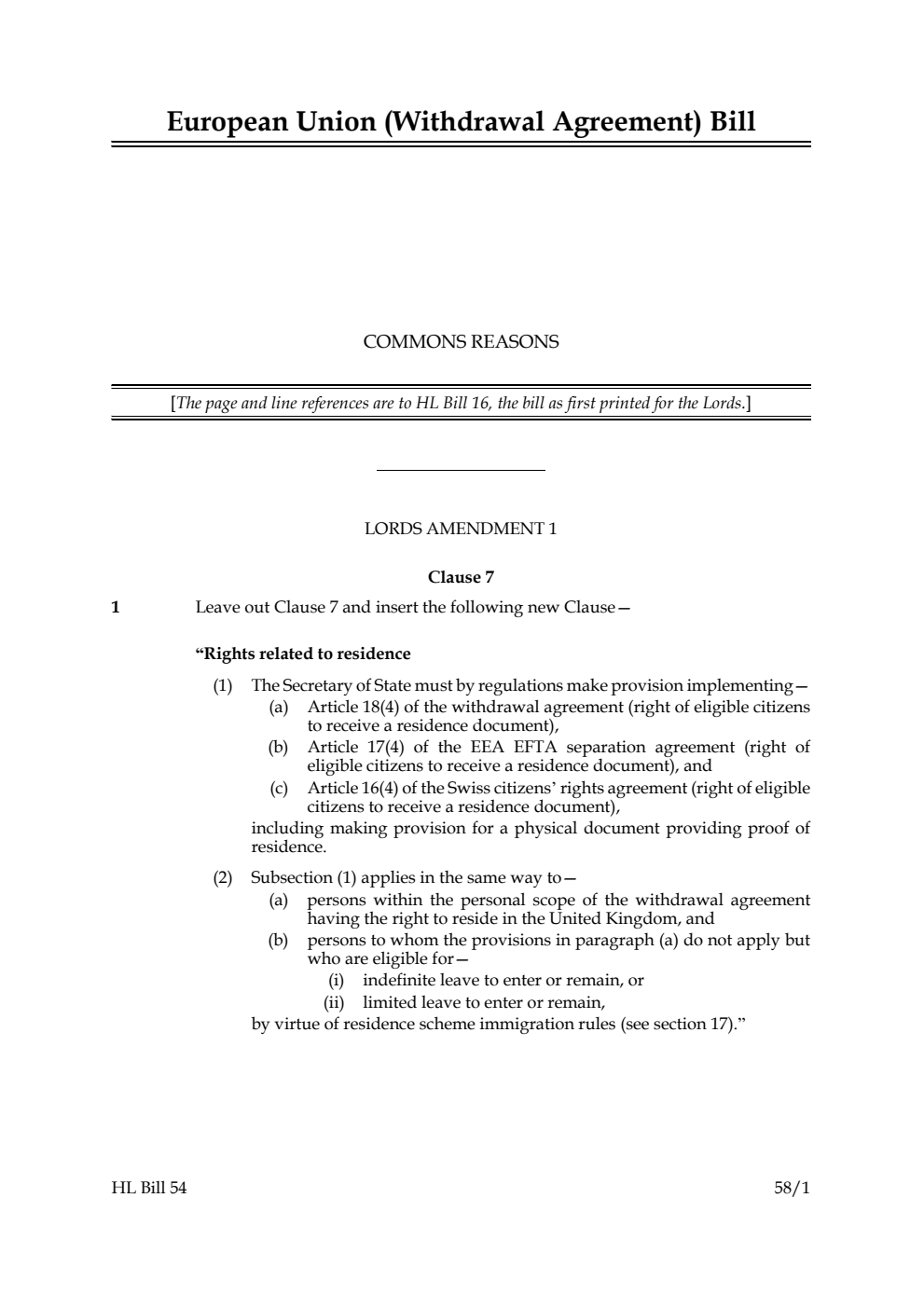 European Union (Withdrawal Agreement) Bill Commons reasons
