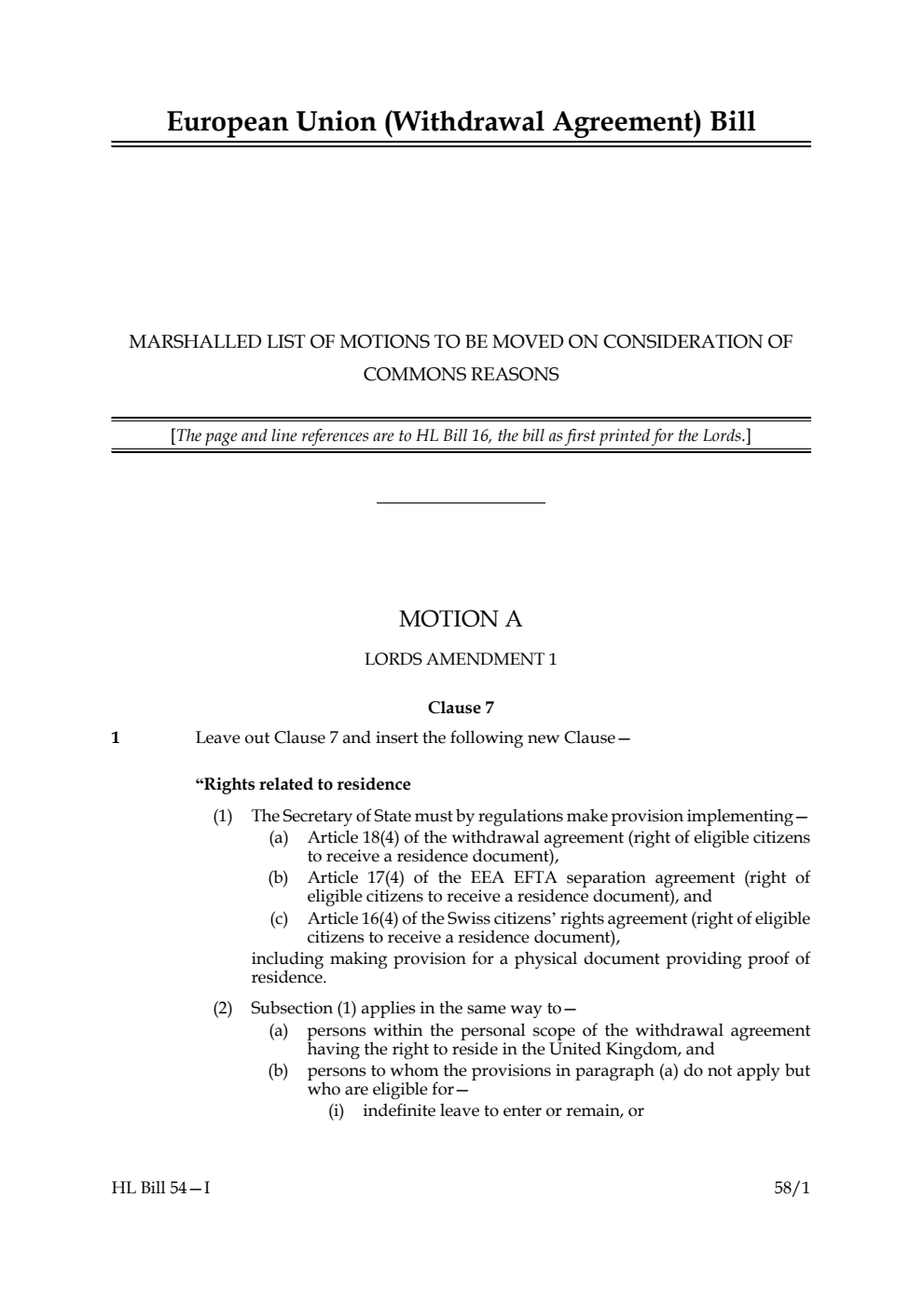 European Union (Withdrawal Agreement) Bill Marshalled list of motions to be moved on consideration of Commons reasons