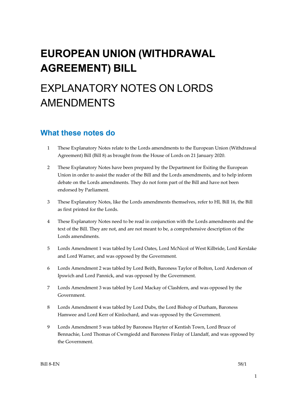 European Union (Withdrawal Agreement) Bill Explanatory Notes on Lords Amendments