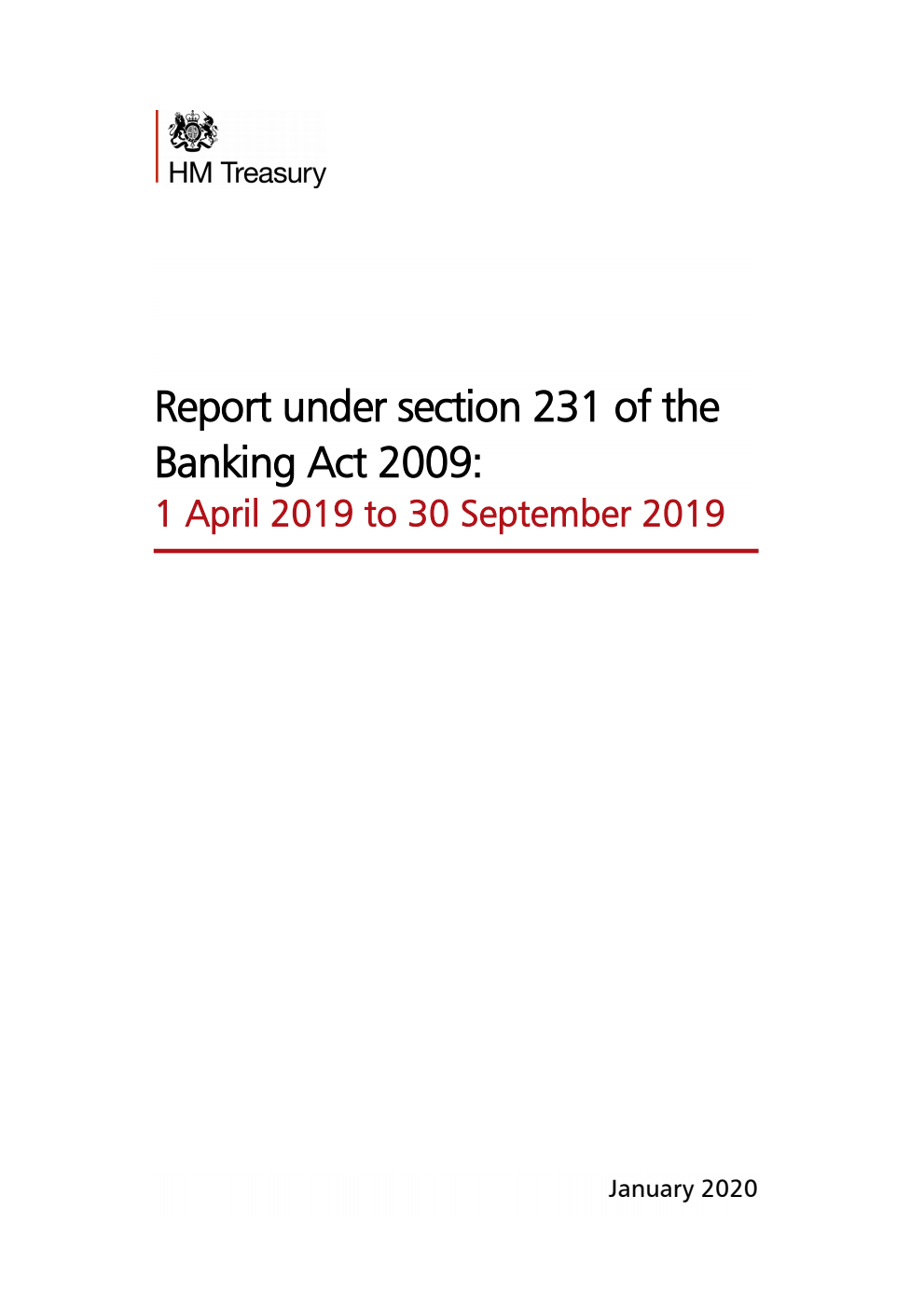Report under section 231 of the Banking Act 2009: 1 April 2019 to 30 September 2019