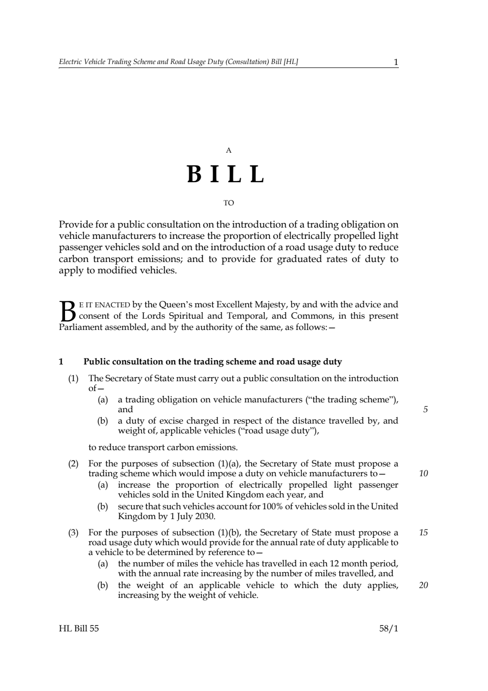 Electric Vehicle Trading Scheme and Road Usage Duty (Consultation) Bill