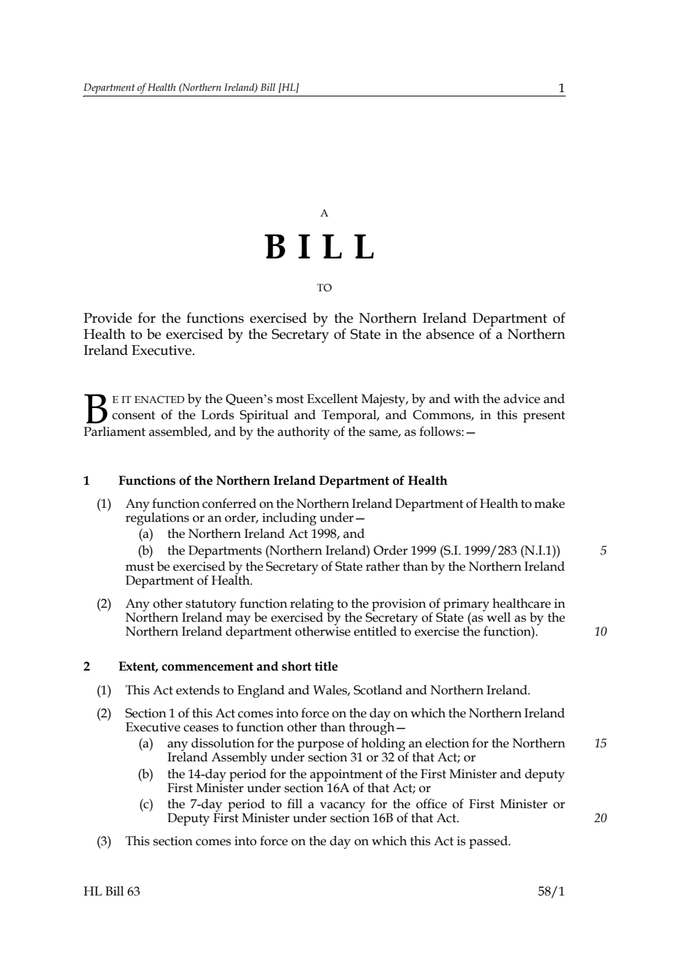 Department of Health (Northern Ireland) Bill