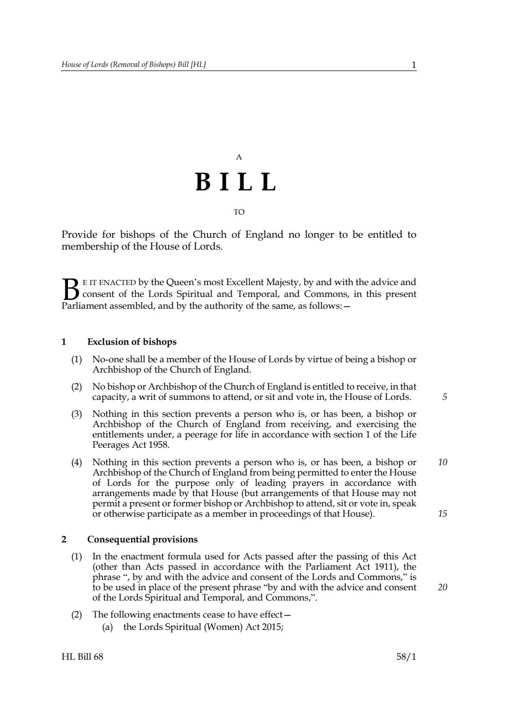 House of Lords (Removal of Bishops) Bill