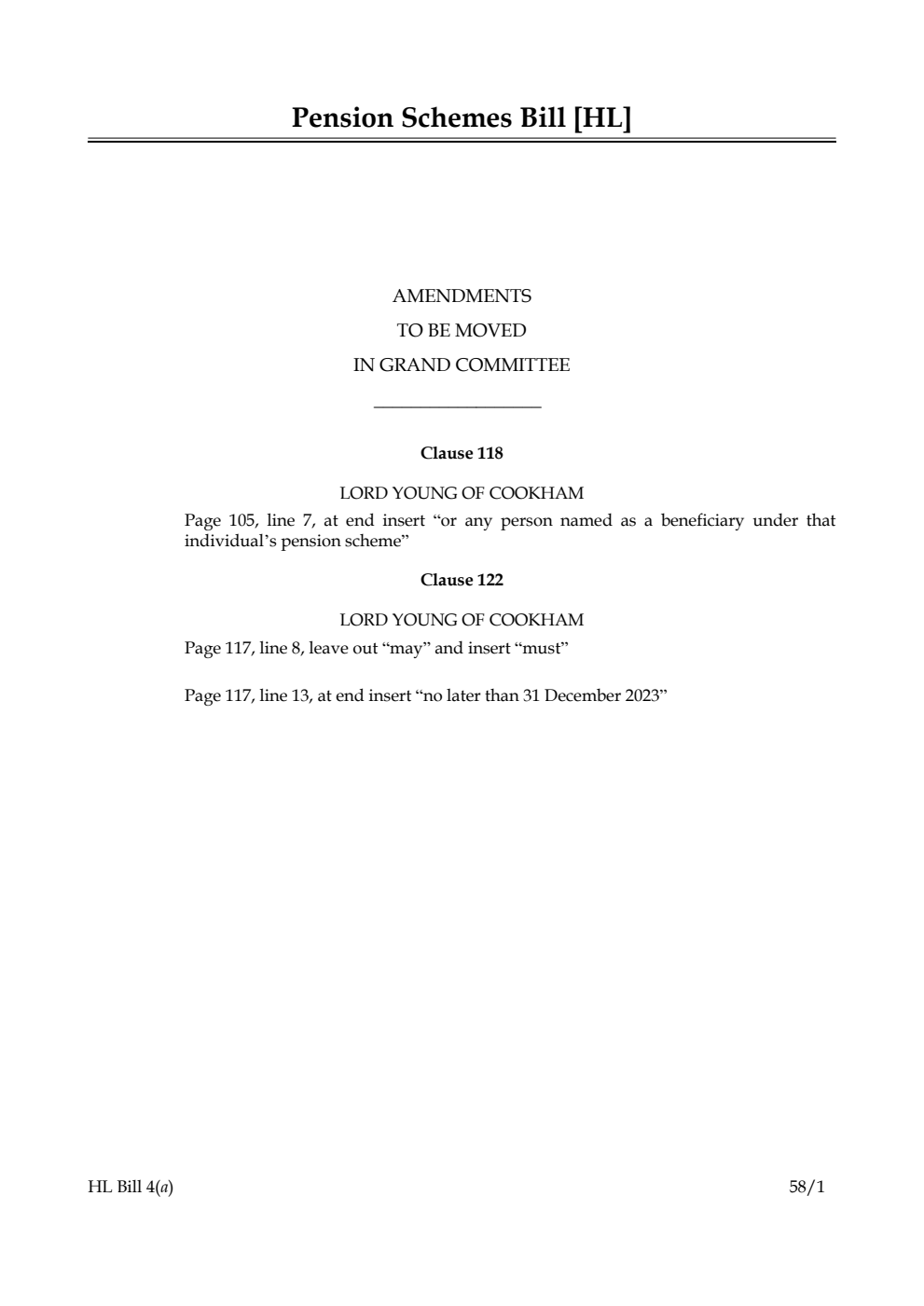 Pension Schemes Bill Amendments to be moved in Grand Committee