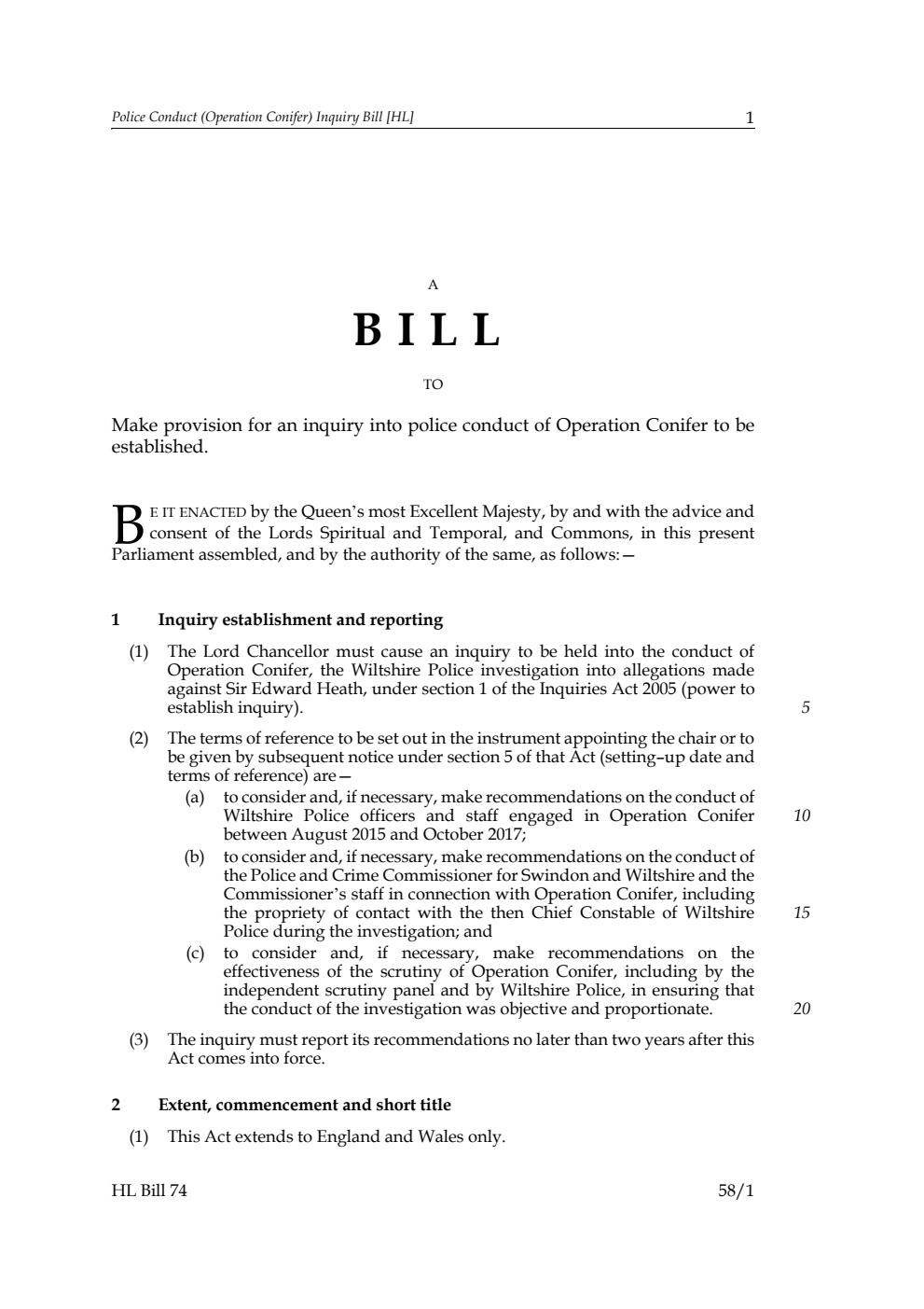 Police Conduct (Operation Conifer) Inquiry Bill