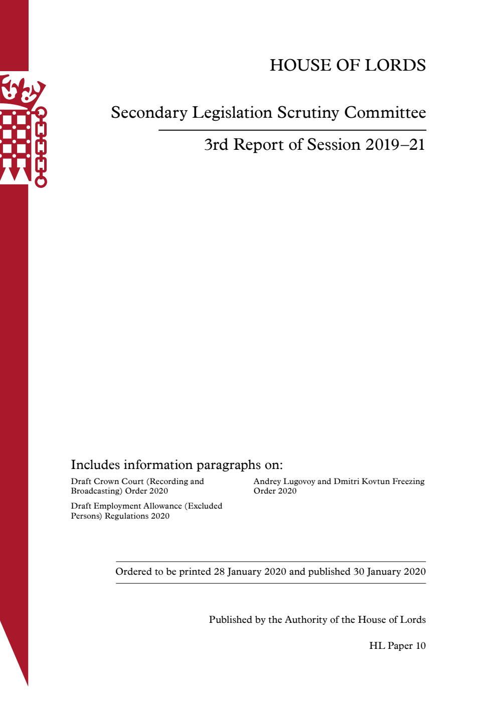 Secondary Legislation Scrutiny Committee 3rd Report of Session 2019–21