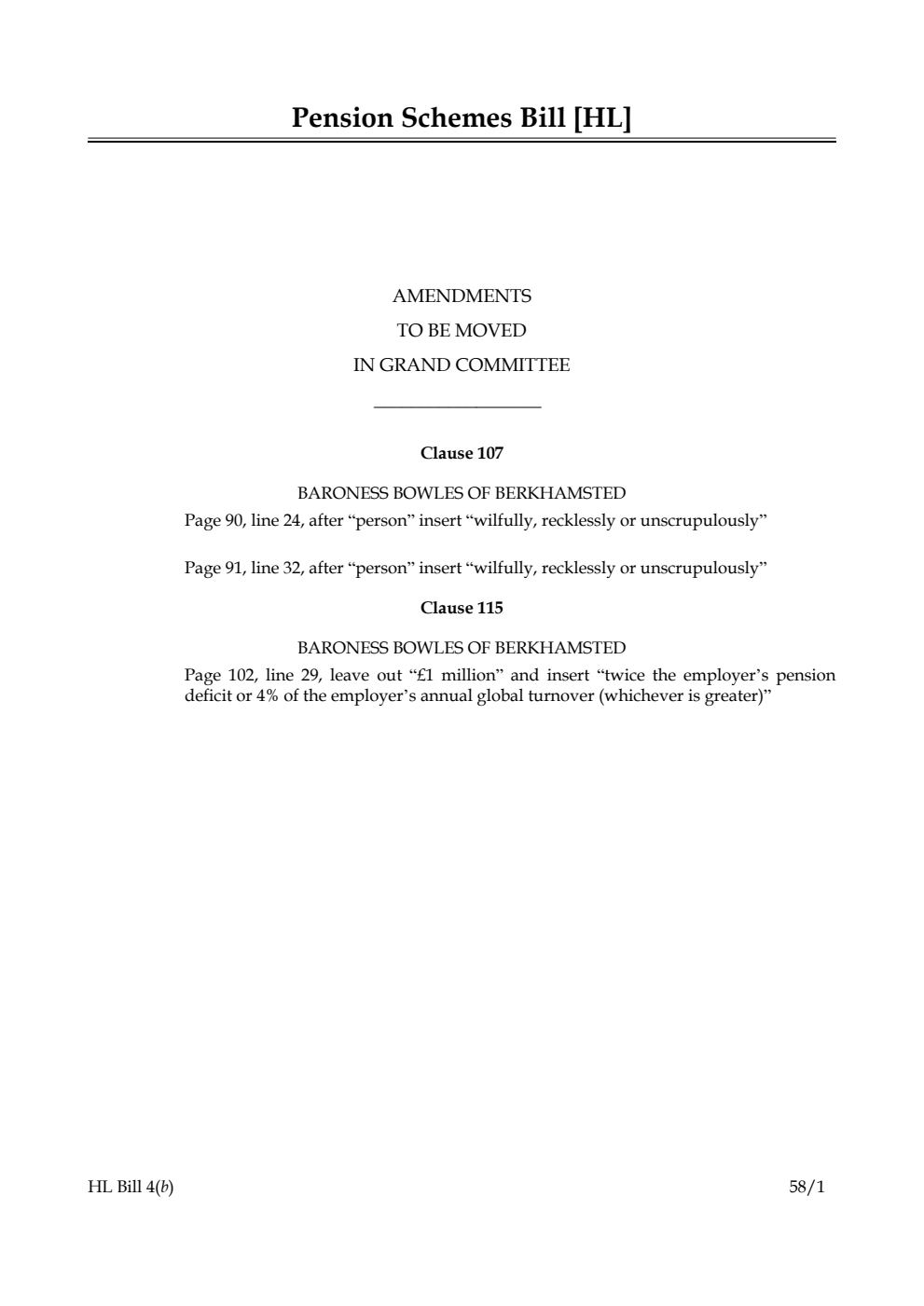 Pension Schemes Bill Amendments to be moved in Grand Committee