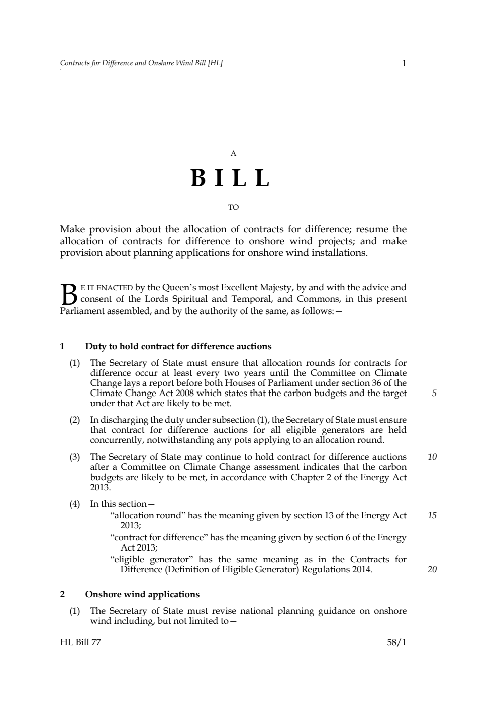 Contracts for Difference and Onshore Wind Bill