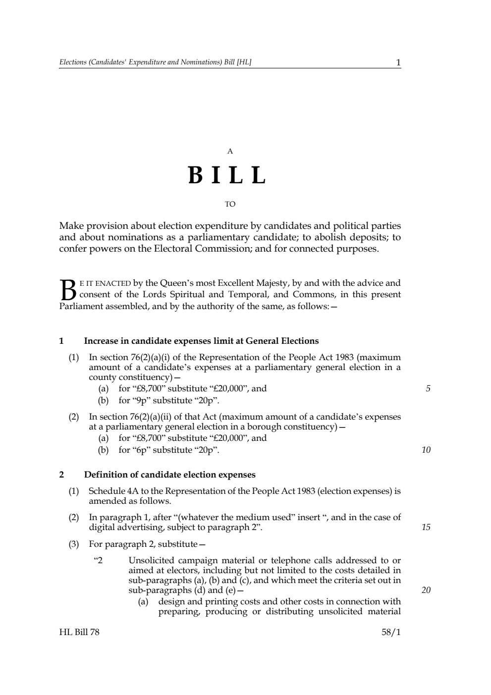 Elections (Candidates' Expenditure and Nominations) Bill