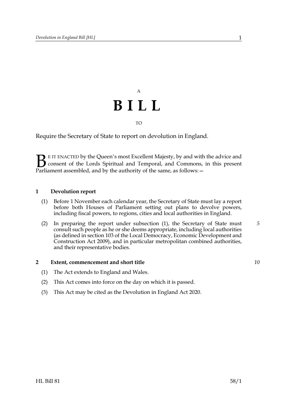 Devolution in England Bill